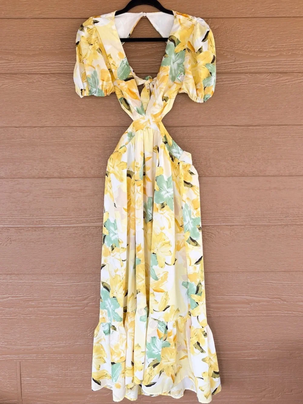 Hello Molly Yellow Floral Cutout Midi Dress with Puff Sleeves -Sz S - Picture 3 of 9